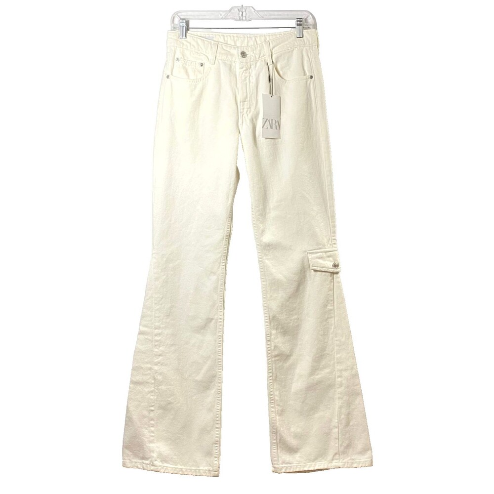 Zara Flared Jeans Womens Oversized 4 Ivory Faux Cargo Pocket NWT Small Flaws